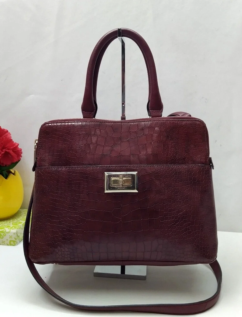 Karl Lagerfeld Maroon Leather Snakeskin Embossed Carryall Top Handle Satchel Bag